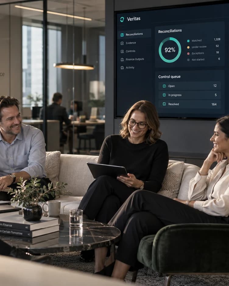A finance team beside a Veritas reconciliation status screen