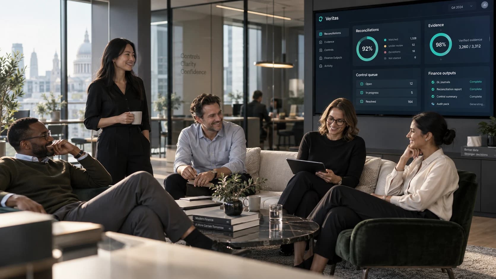 A finance team with Veritas reconciliation and control workflows displayed in the background